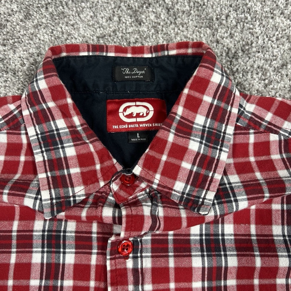 Y2K Ecko Unltd Button Up Large Shirt Plaid Flannel Red Skate 2000s